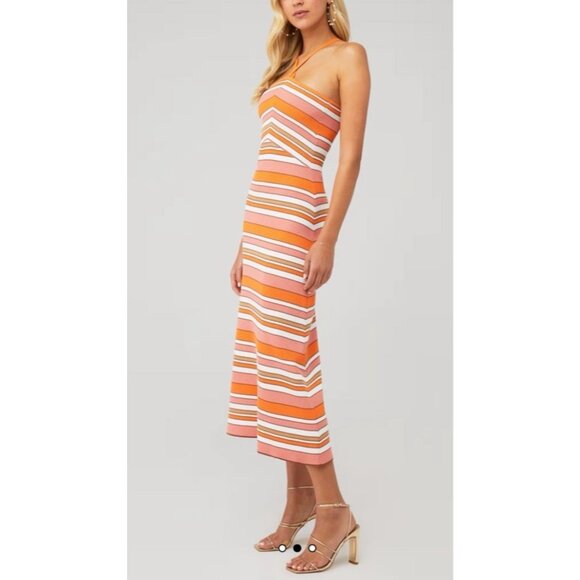 MinkPink Paige Sunset Striped Knit Midi Dress Orange Multi Color Medium NWT $139 - Picture 3 of 12